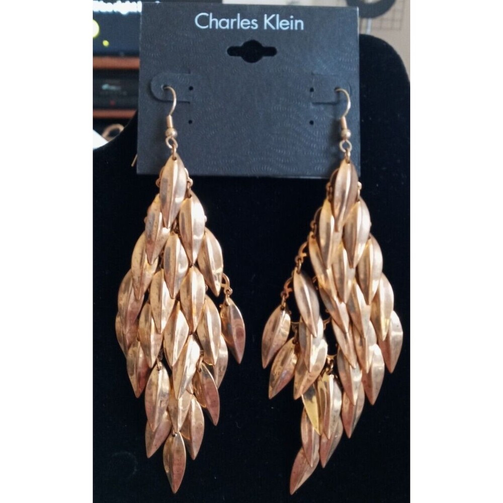 Charles Klein Pierced Earrings Gold Tone Dangle Leaves Hook 5" Long Boho Beach